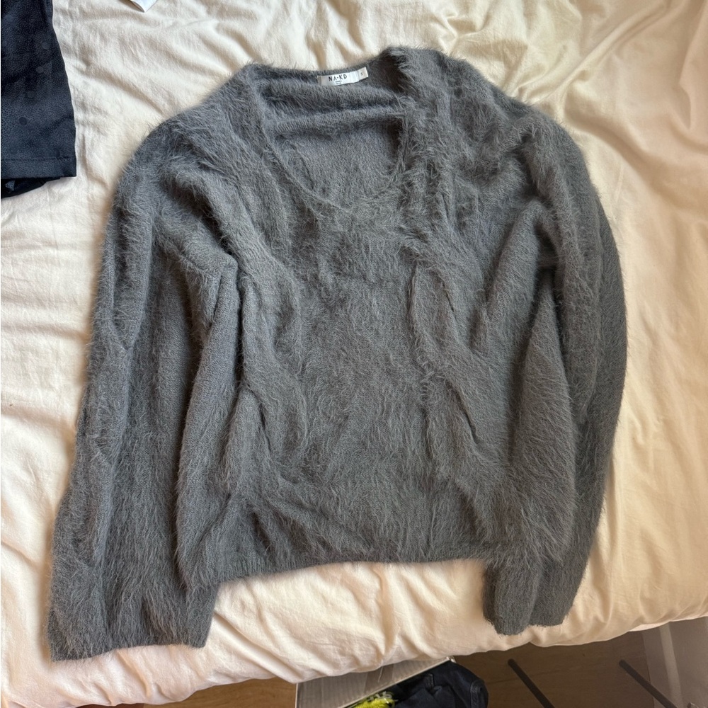 Plush Gray V-Neck Angora-Feel Sweater with wide sleeve detail